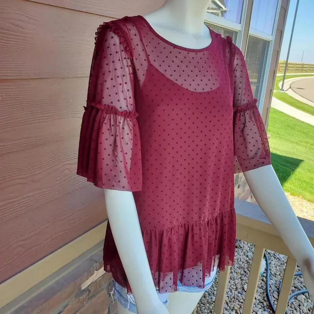 Pleione Sheer Short Sleeve Swiss Dot Blouse - Red - Women's Size Small NWOT